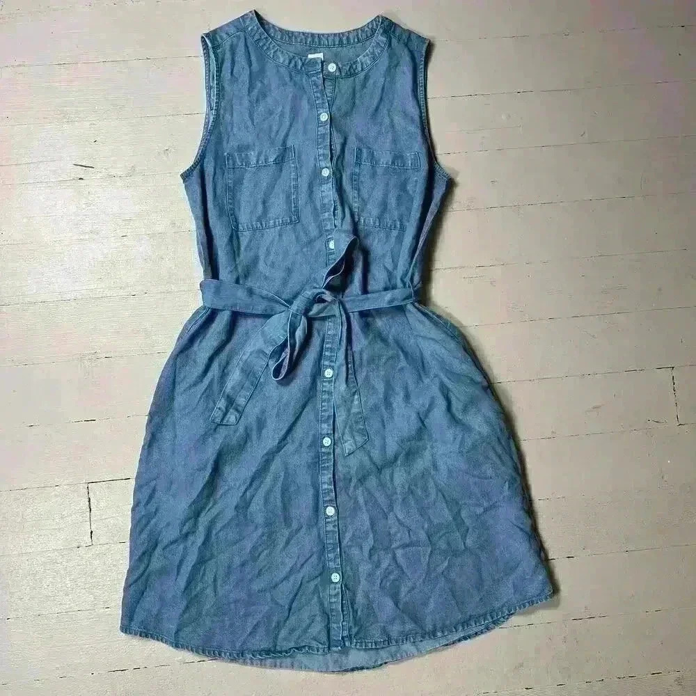 Gap Medium Wash Dress With Tie Waist Size XS Faux Denim Boho Western Causal Fall